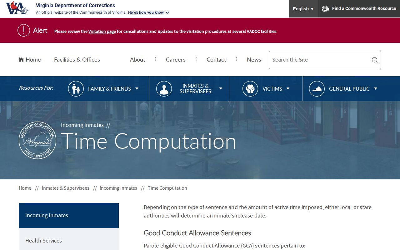 Virginia Beach inmate release date rules on the VADOC time computation page